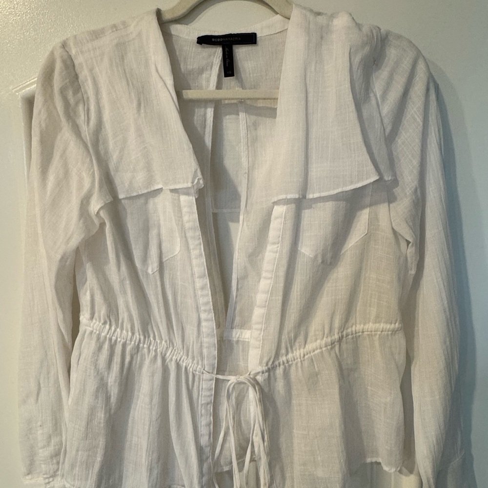 BCBGMaxAzria Cotton Sheer Long Sleeve Blouse with Tie Front and Key Hole back